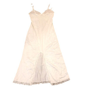 𝅺vtg Lace Trimmed Long Nightgown Slip Ribbon Straps Front Slit Sz Small